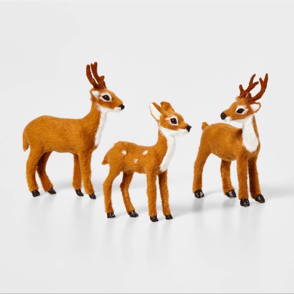 3 Brown Faux Fur Deer Set Christmas Decorative Figurines - Picture 1 of 2
